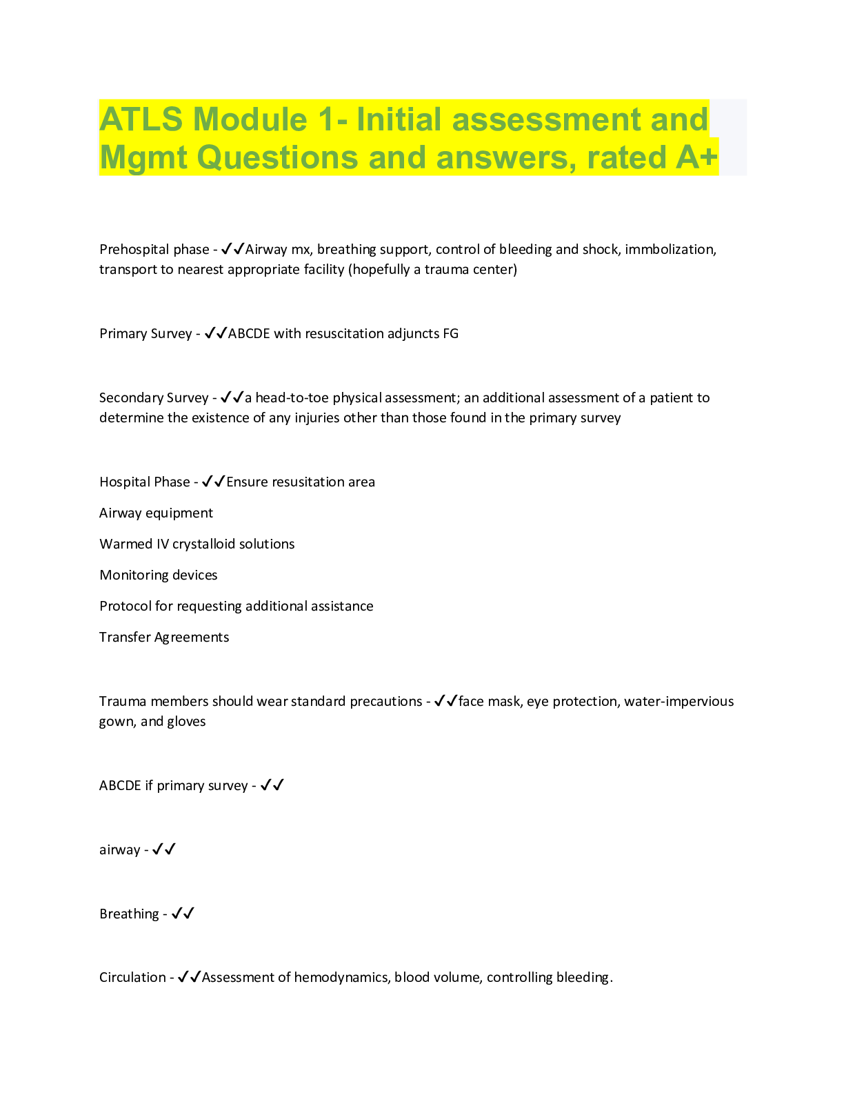 Preview image for ATLS Module 1- Initial assessment and  Mgmt Questions and answers, rated A+